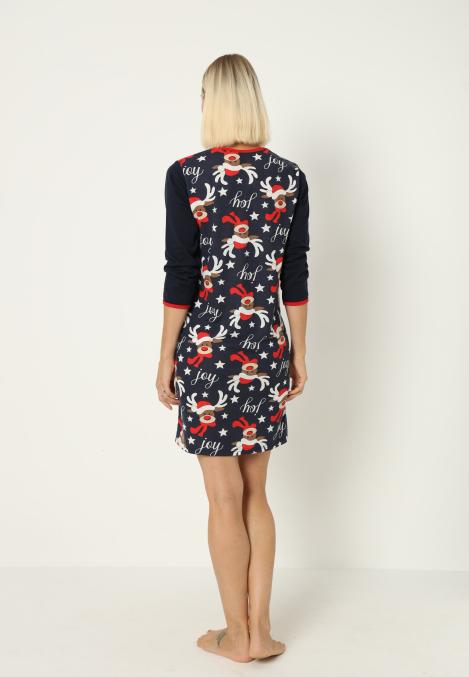 Camasa de noapte Craciun,imprimeu reni,culoare bleumarin ,En-gros